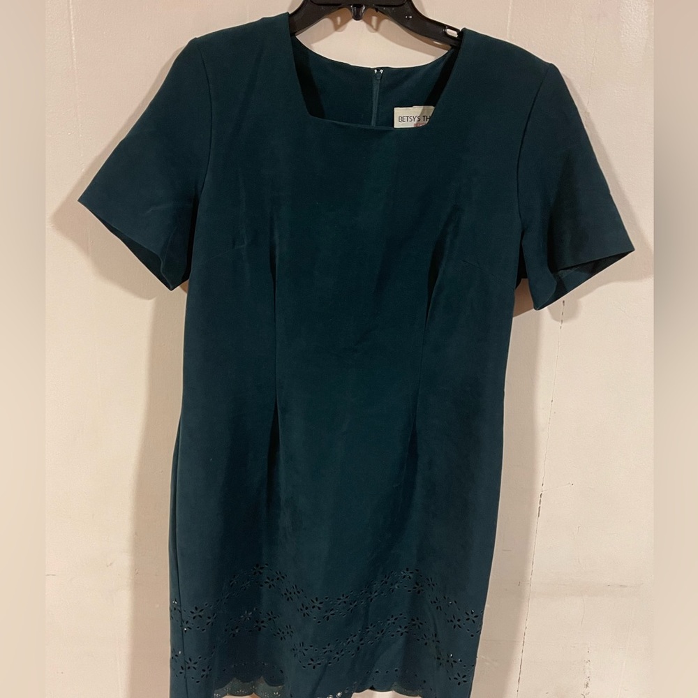 Vntg. Bety’s Things Velvet Sheeth Dress Floral Cut out Hem Hunter Green Size 14P